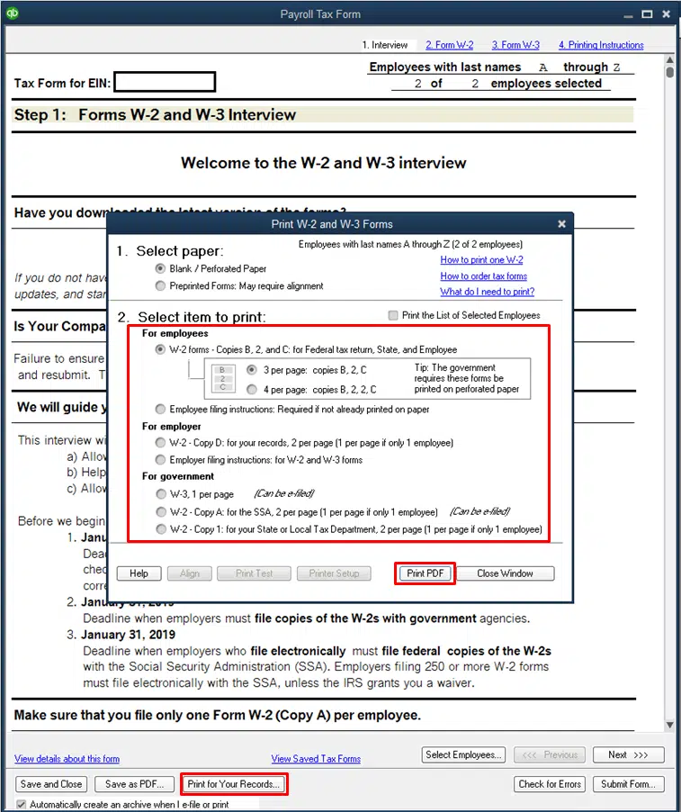 Print W2 form in QuickBooks 