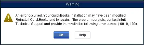 QuickBooks error code 6010 100- Warning message