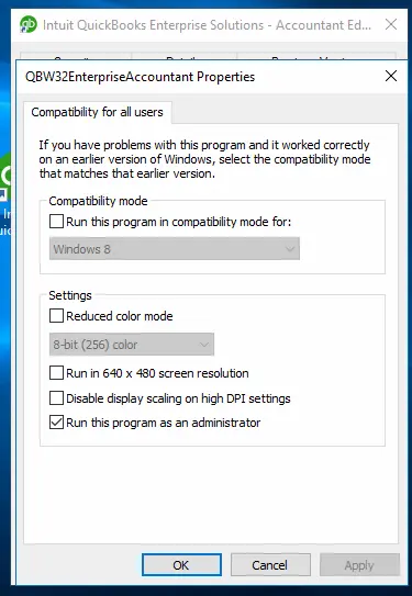 Run QuickBooks as windows admin 