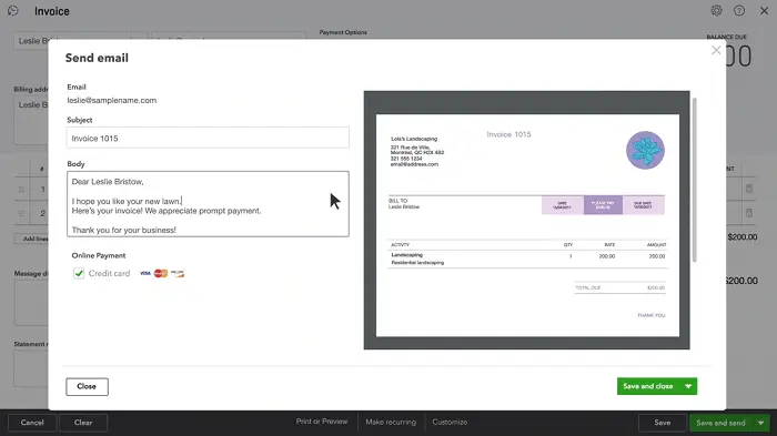 Customize your email and send invoice