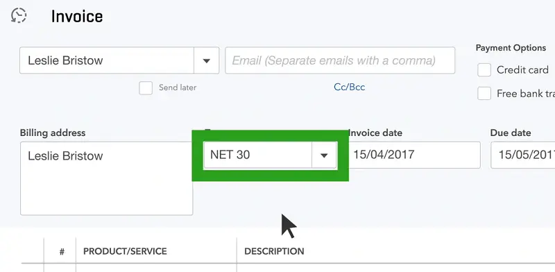 Payment terms for creating an invoice in QuickBooks online