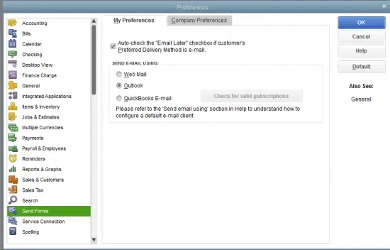 configuring email preference to fix quickbooks is unable to send emails due to network connection failure error 