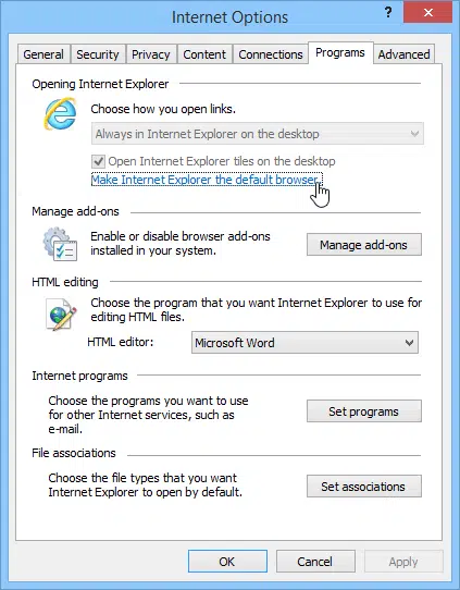 changing the default browser to Internet explorer