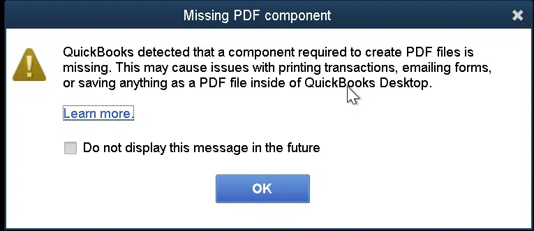 QuickBooks missing pdf component error