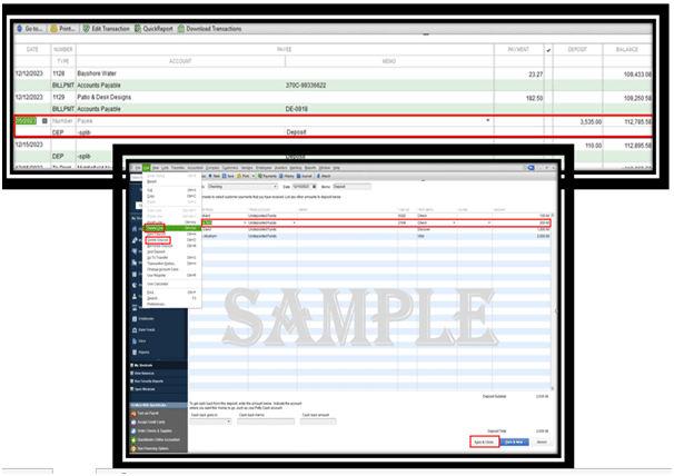 Double click on deposit - Merge two customers in QuickBooks