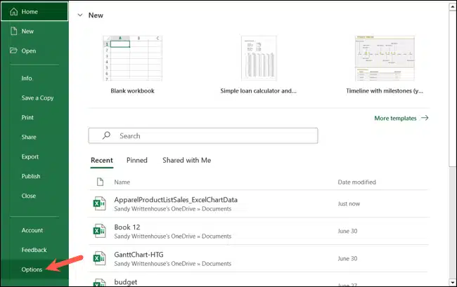 Options excel