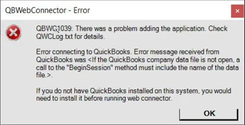 QuickBooks QBWC1039 error