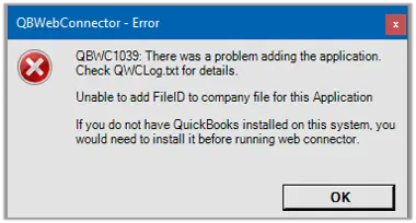 QuickBooks error QBWC1039