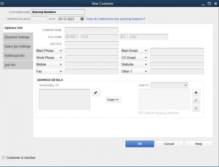 QuickBooks Add new Customer Details